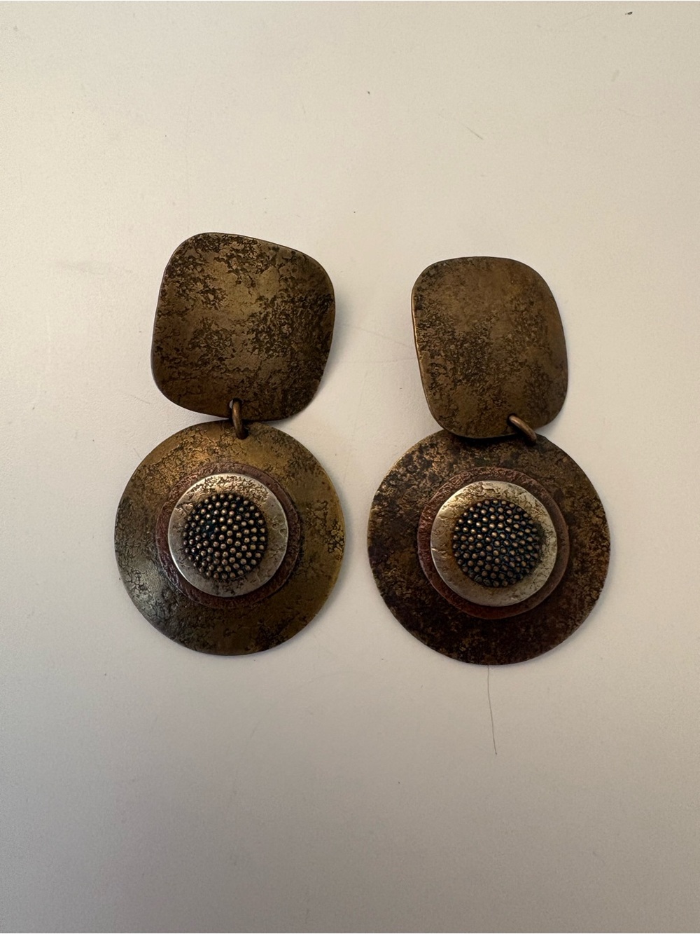 Marjorie Baer Vintage-Inspired Gold Tone Disc Drop Earrings Aztec Design Clip On